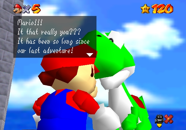 It that really you??? - Yoshi on the roof in Super Mario 64