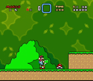 Yoshi shooting fireballs after consuming red Koopa shell