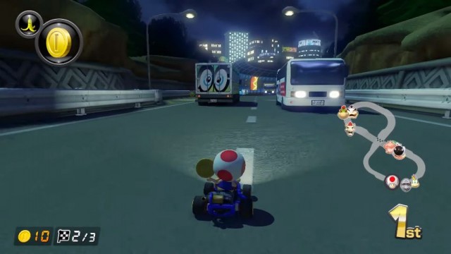 Toad's Turnpike in Mario Kart 8 Deluxe with left hand traffic Toad's Turnpike in Mario Kart 8 Deluxe with left hand traffic