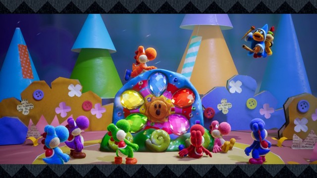 Yoshis with Kamek and Baby Bowser in Yoshi's Crafted World Yoshis with Kamek and Baby Bowser in Yoshi's Crafted World