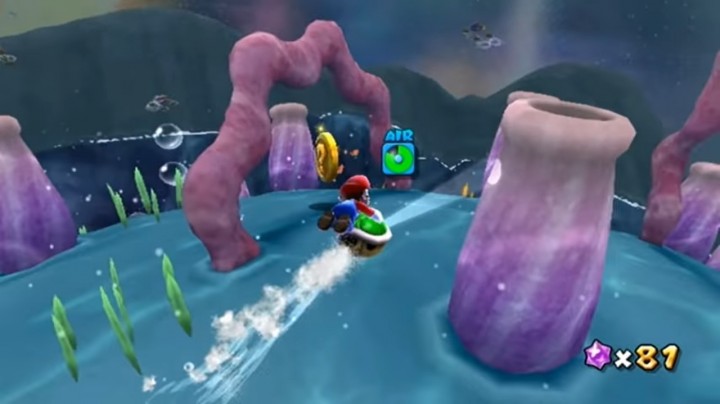 Mario swimming with Koopa shell in Super Mario Galaxy